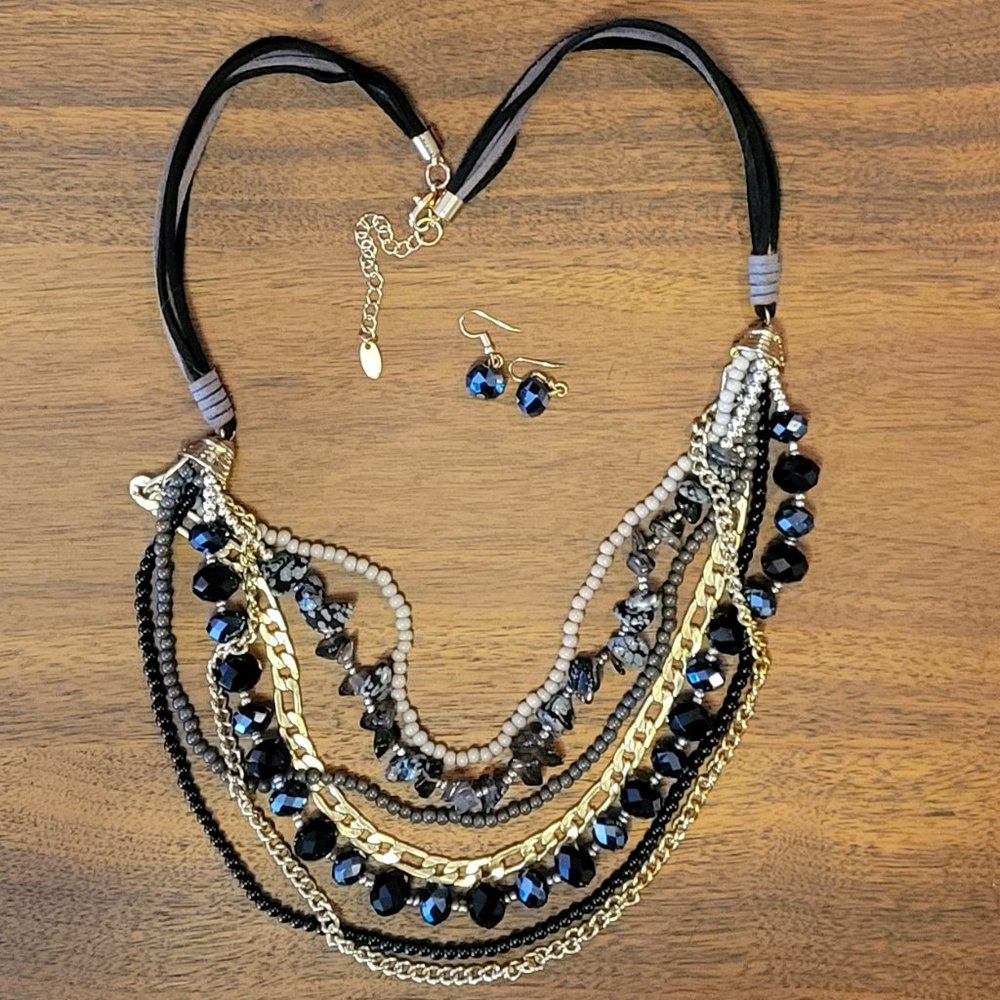 NWOT Layered Jasper, Sea Bead & Austrian Crystal Necklace and Earing Set